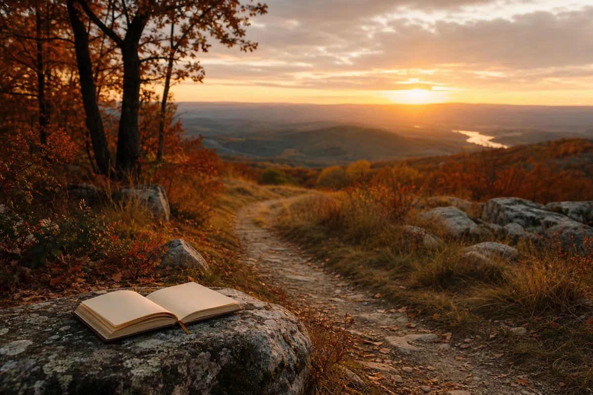 An autumn trail leading toward a bright horizon