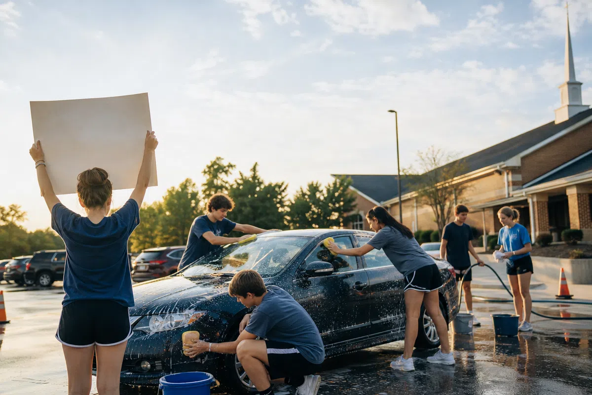 YMJA youth washing cars at a fundraiser