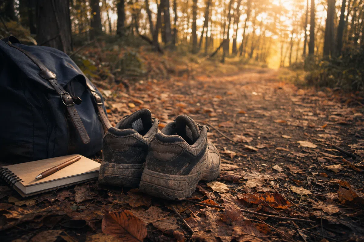 Worn shoes and a notebook at the start of a woodland path