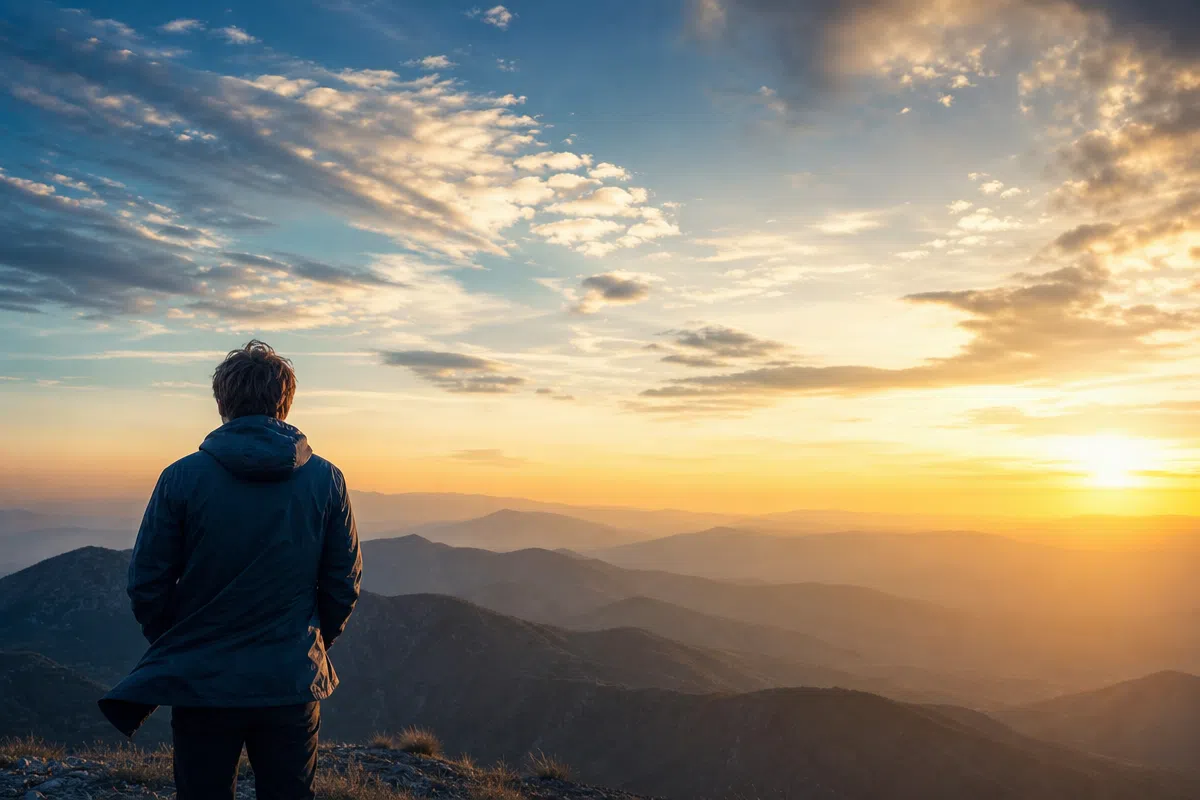 A young adult looking across mountains at sunrise