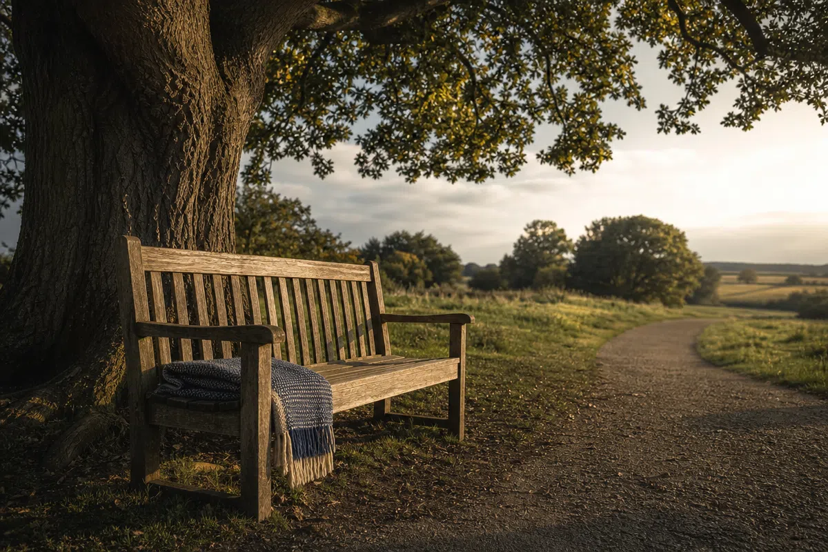 An empty bench beneath a tree beside a quiet path