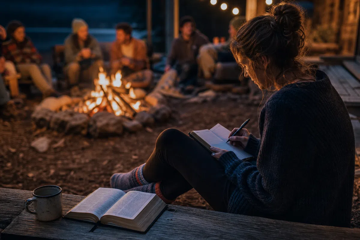 A young adult reflecting outdoors with friends nearby