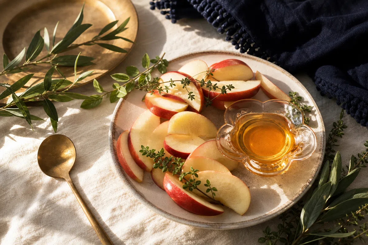 Apples and honey arranged on a linen table