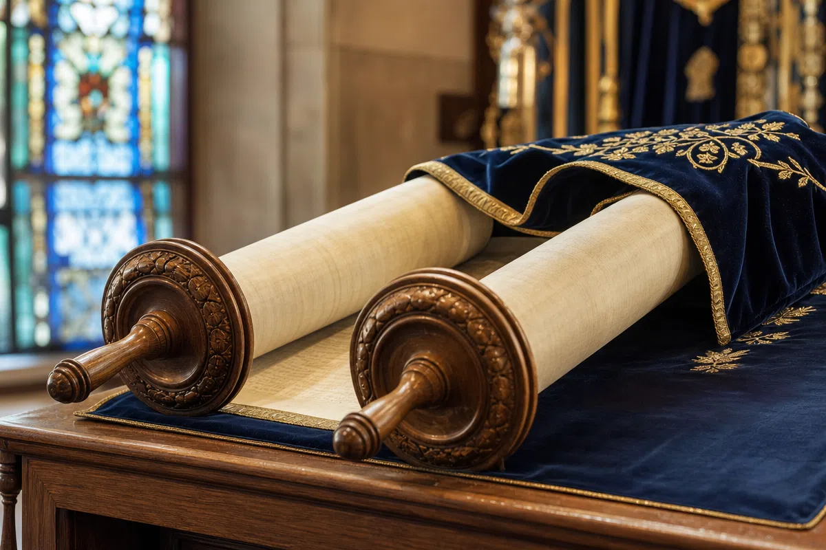 A Torah scroll resting on a blue and gold mantle