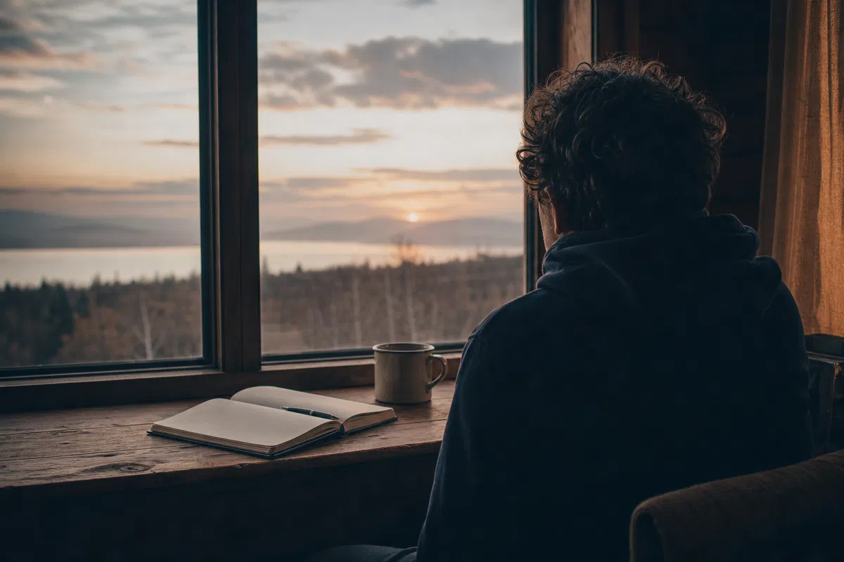 A young adult reflecting beside a window at dawn