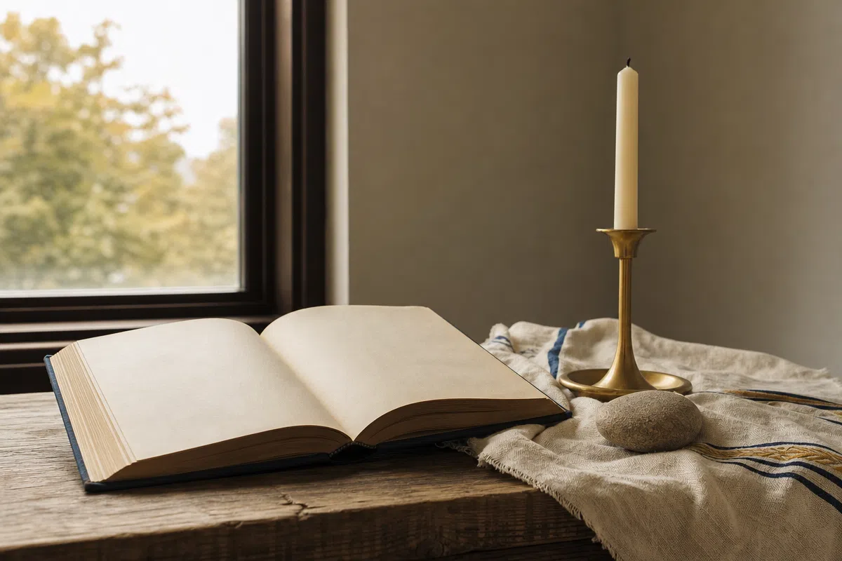 An open prayer book and candle on a quiet table