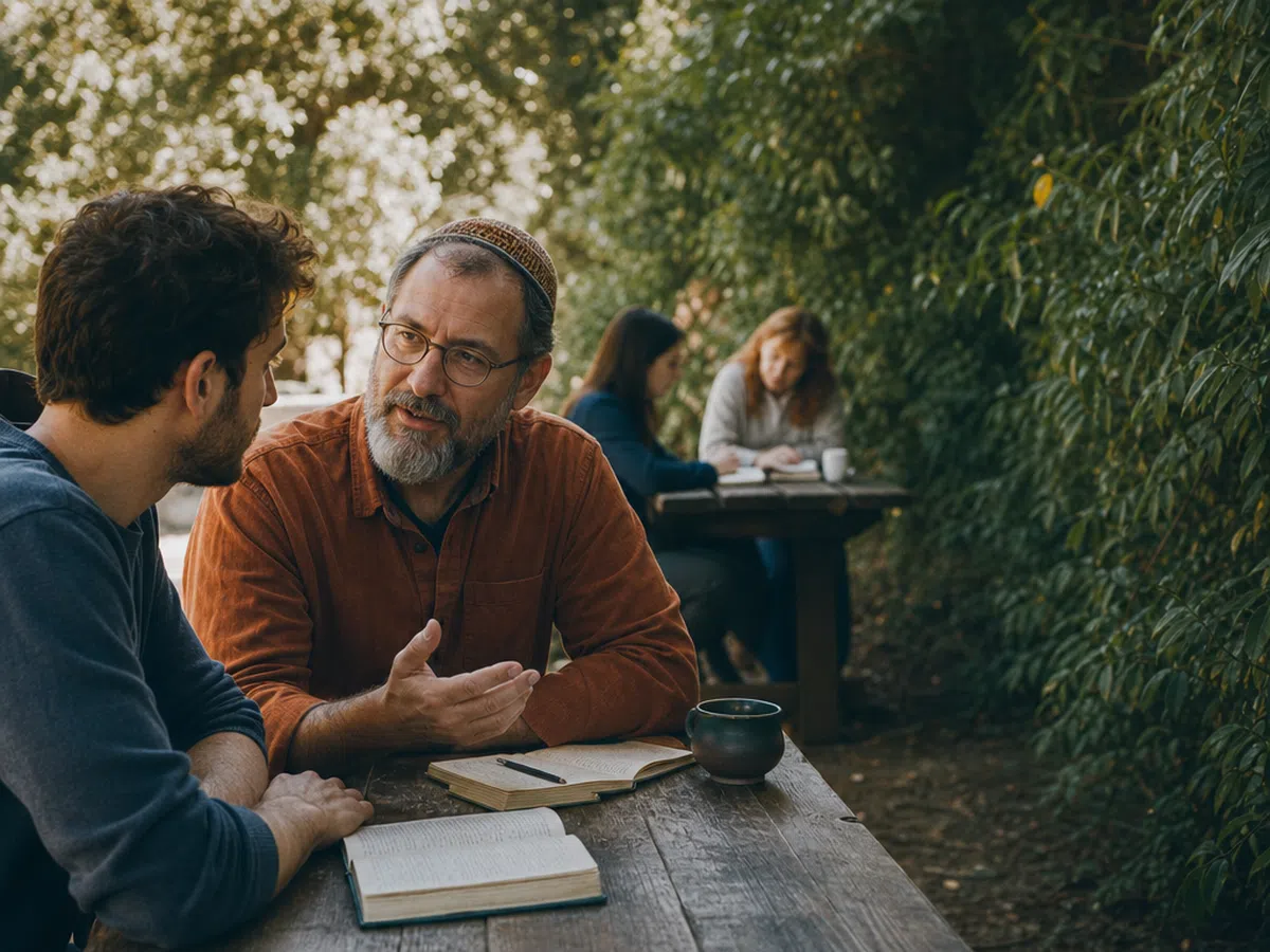 A mentor and young adult sharing a conversation outdoors
